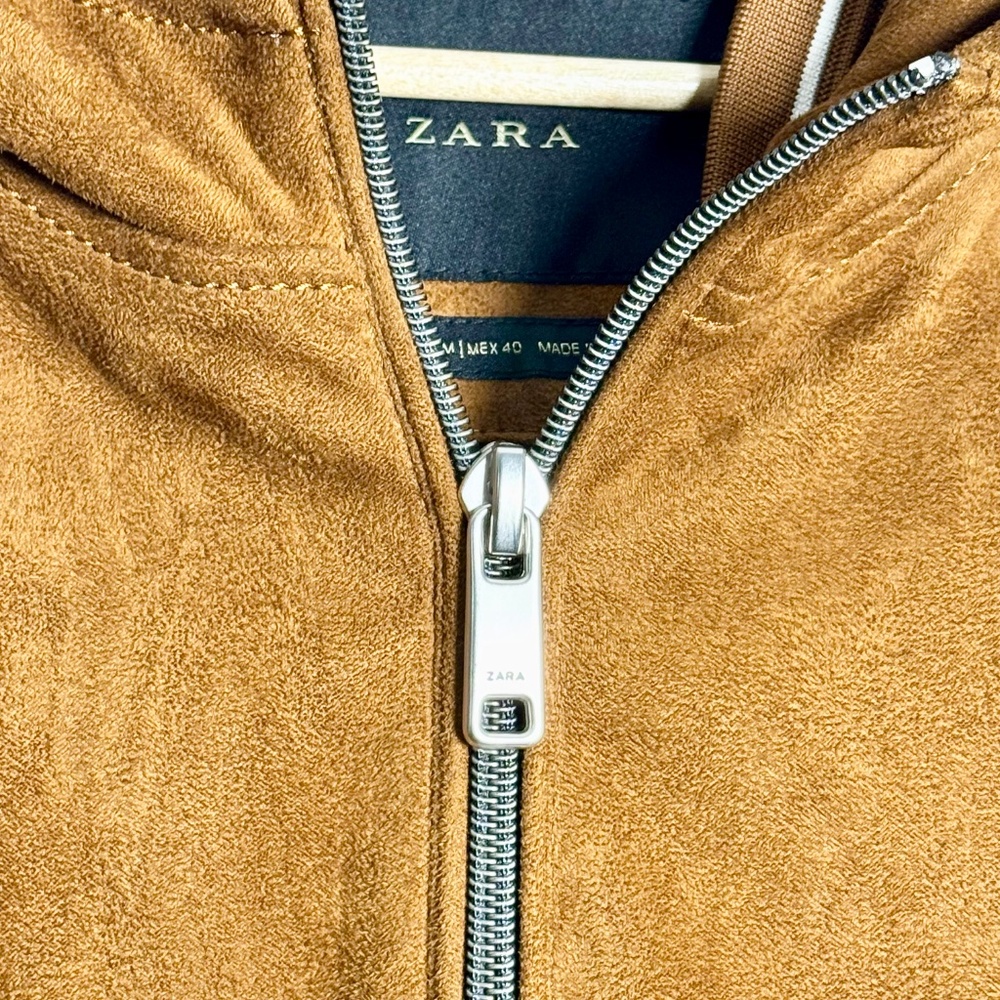 Zara Men's Faux Suede Brown Varsity Bomber Jacket w Hoodie Sz Medium - Picture 8 of 11